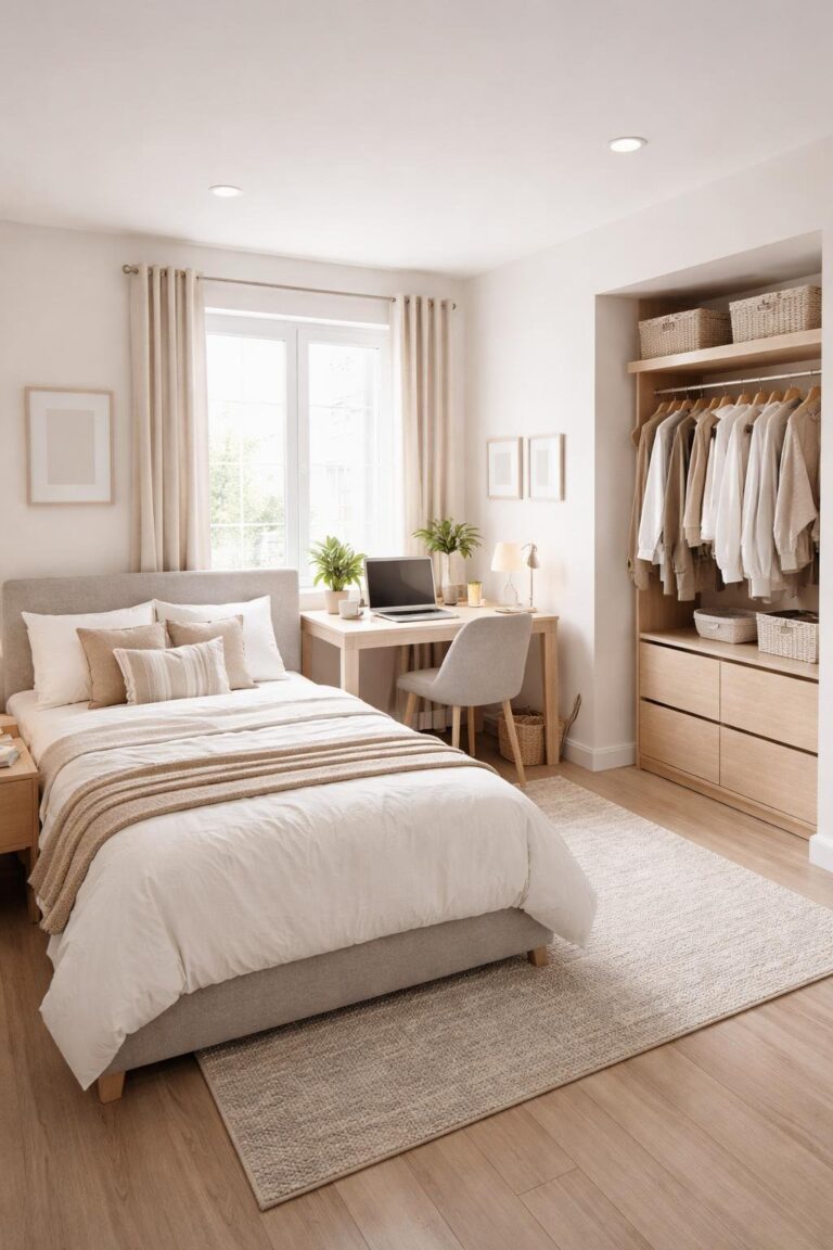 A small bedroom with a bed, closet in the corner, and a desk near a window.