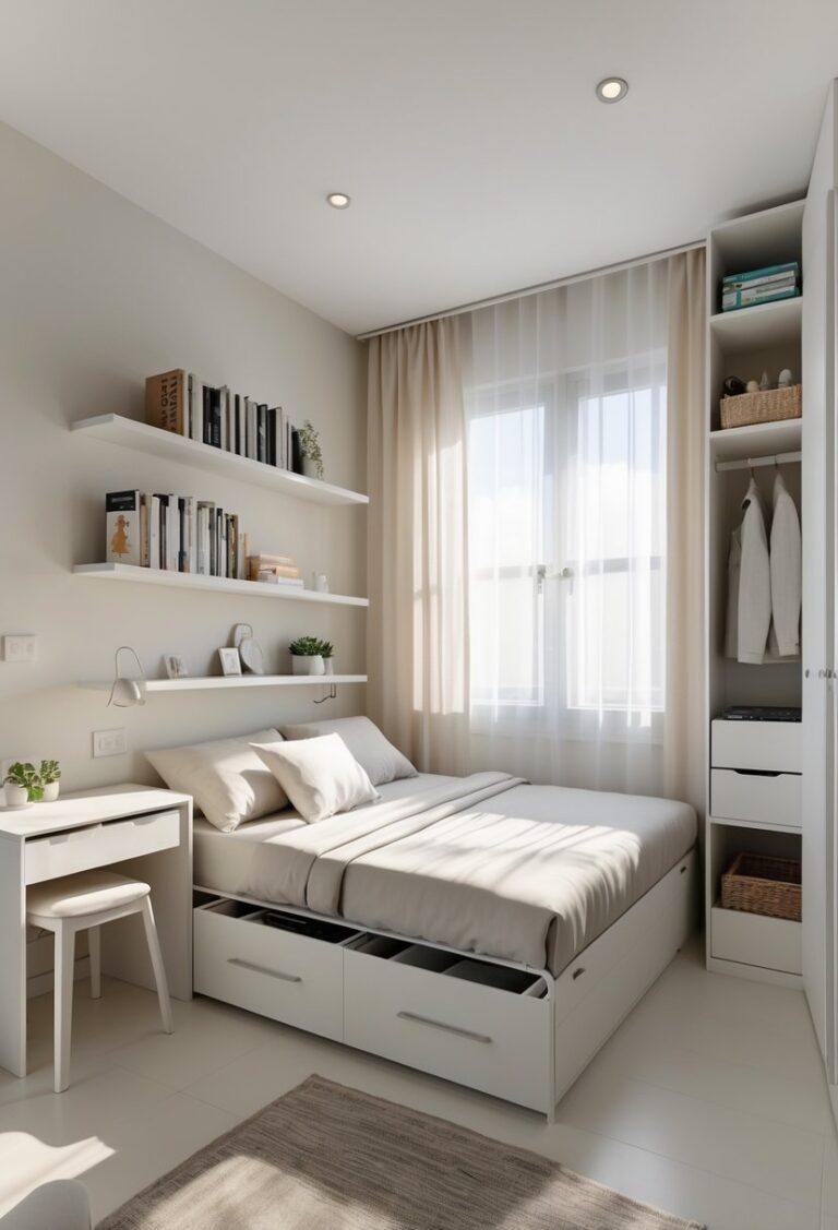 Small bedroom with built-in bed drawers, floating shelves, a compact wardrobe, and a tidy desk, showing space-saving storage solutions.
