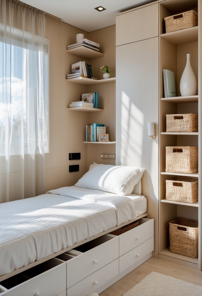 A small bedroom with built-in bed drawers, wall shelves, and a tall wardrobe, demonstrating efficient storage solutions.