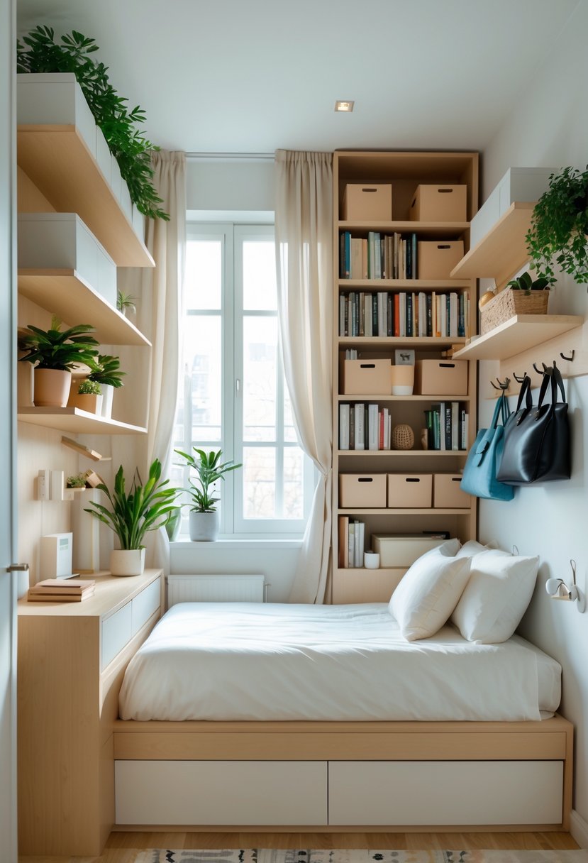 A small bedroom with built-in under-bed drawers, tall shelving units, wall-mounted shelves, and a compact desk, all arranged to maximize storage and save space.