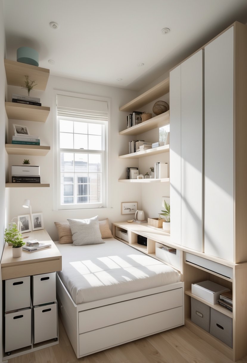 A small bedroom with a bed, built-in drawers, floating shelves, a wardrobe, and a desk, all arranged to save space.