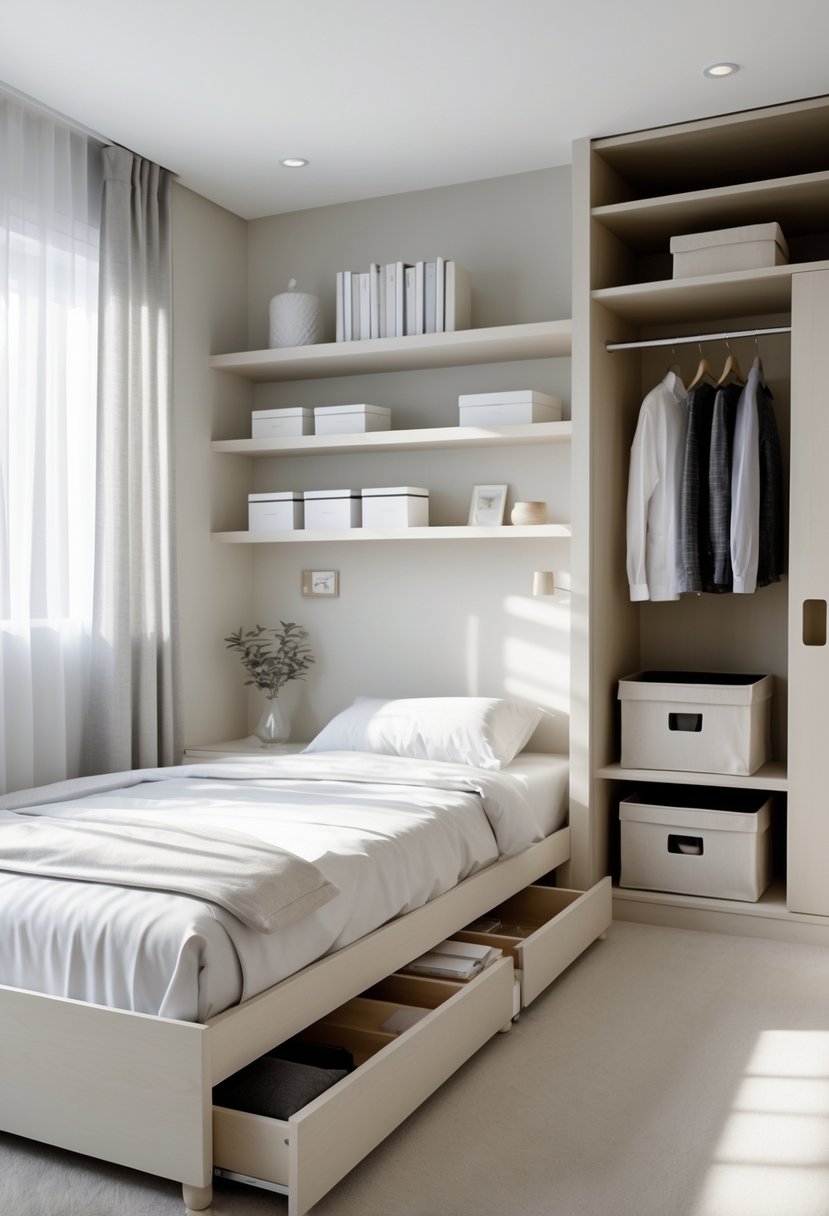 A small bedroom with a bed, under-bed storage drawers, floating shelves, and a compact wardrobe, all organized to save space.