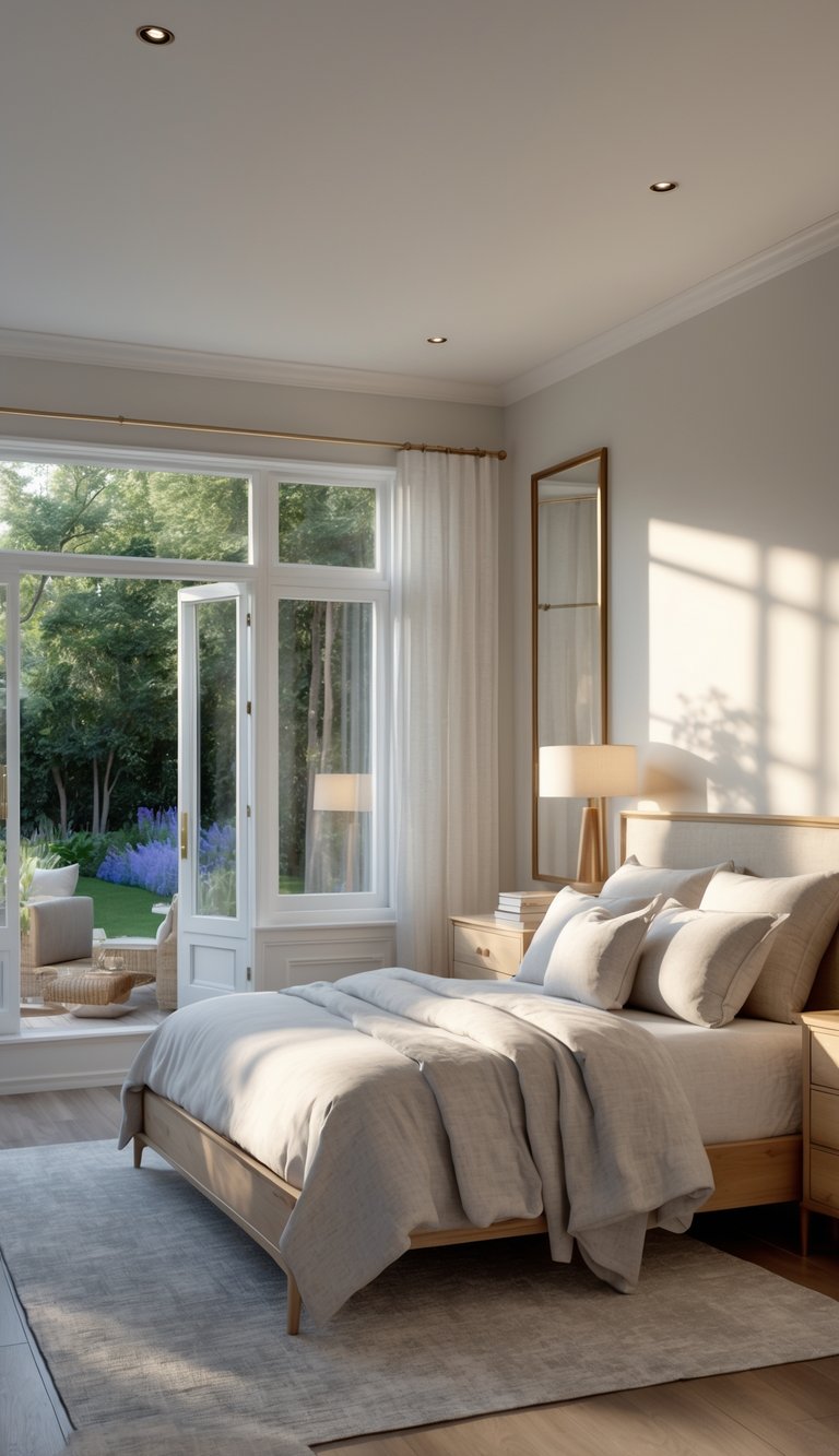 A bright and inviting bedroom with a large bed, wooden nightstands, marble dresser, and large windows showing a garden outside. Soft daylight fills the room, highlighting natural textures and cozy decor.