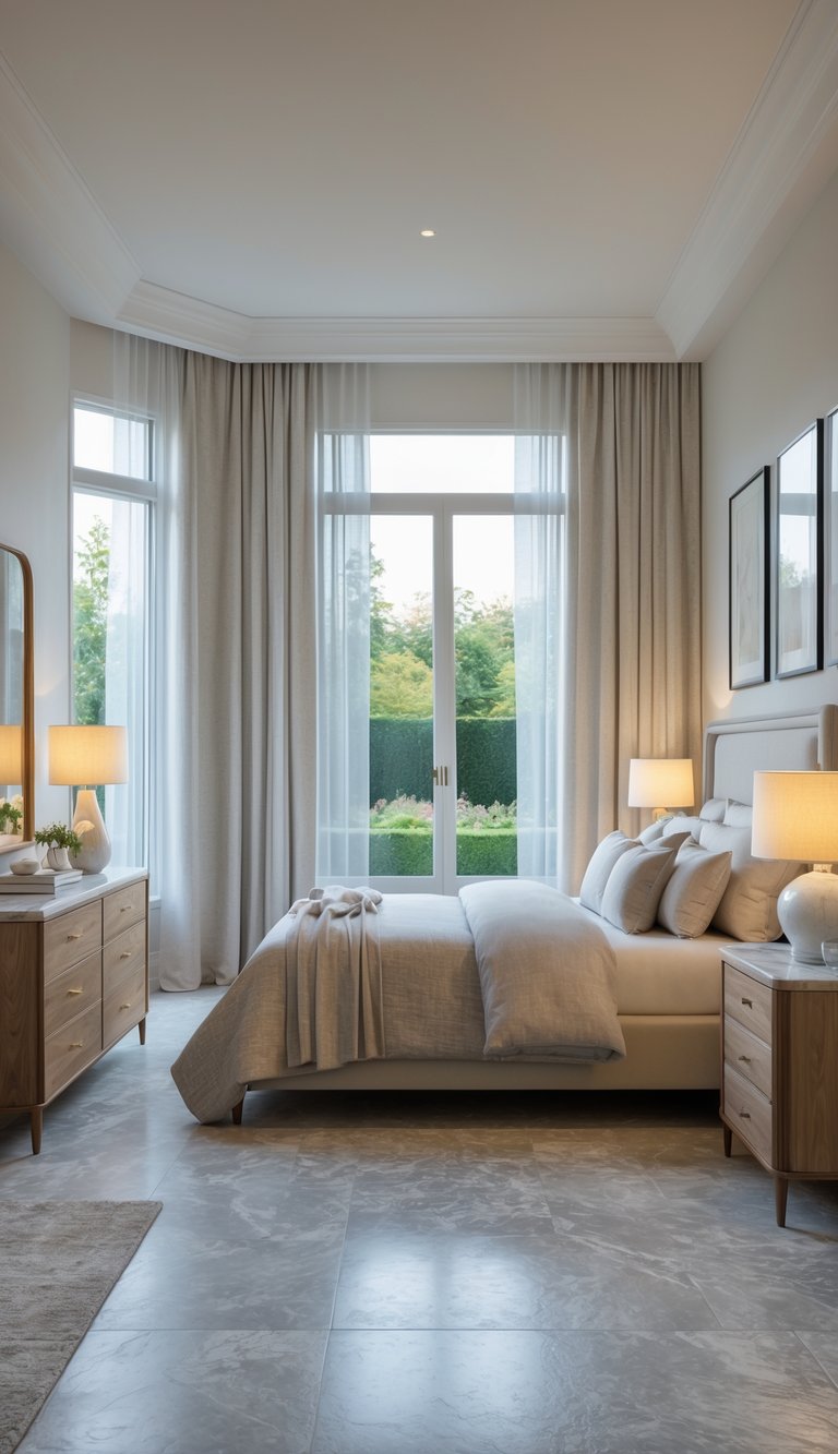 A bright and inviting bedroom with a large bed, wooden furniture, soft curtains, and a view of a garden through the windows.