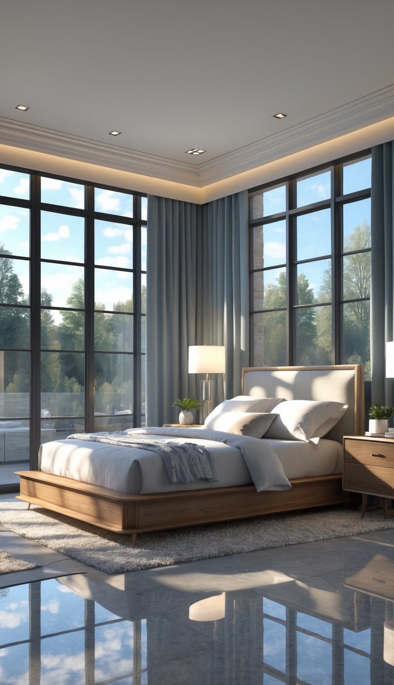 A bright and inviting bedroom with a queen-sized bed, wooden nightstands, marble dresser, and large windows showing trees outside. Soft daylight fills the room, highlighting natural textures and cozy details.