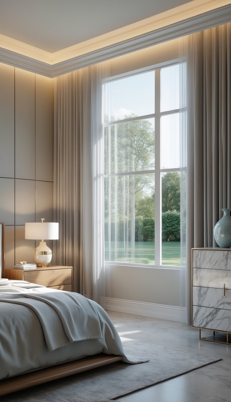 A bright and inviting bedroom with a comfortable bed, wooden furniture, and large windows showing a garden outside.