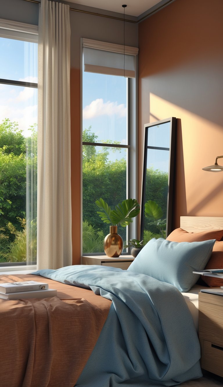 A cozy bedroom with a blue and burnt orange color scheme, featuring a bed, bedside table, and large windows showing a garden outside.