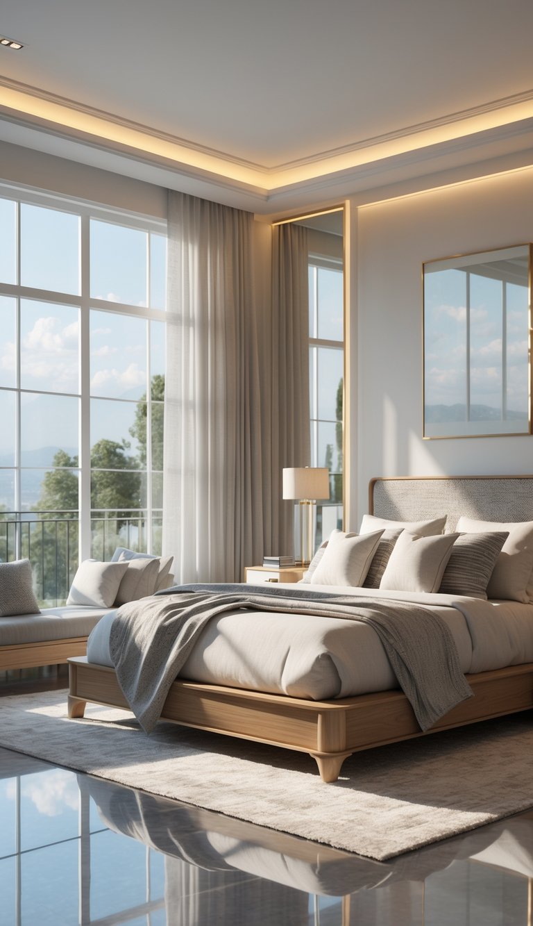 A bright and inviting bedroom with natural daylight coming through large windows, featuring a neatly made bed, wooden furniture, and a view of outdoor greenery.