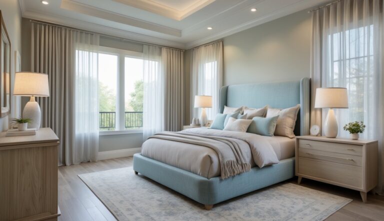 A cozy and relaxing bedroom with a queen-sized bed, wooden furniture, soft blue and beige color scheme, large windows with sheer curtains, and natural light filling the space.