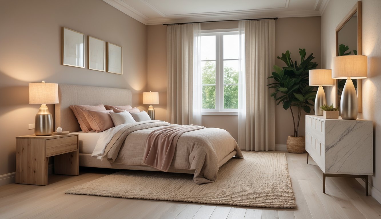 A cozy bedroom with a queen-sized bed, soft bedding in warm earth tones, wooden bedside tables with lamps, a woven rug on wooden floors, a large window with sheer curtains, and a dresser with marble details.