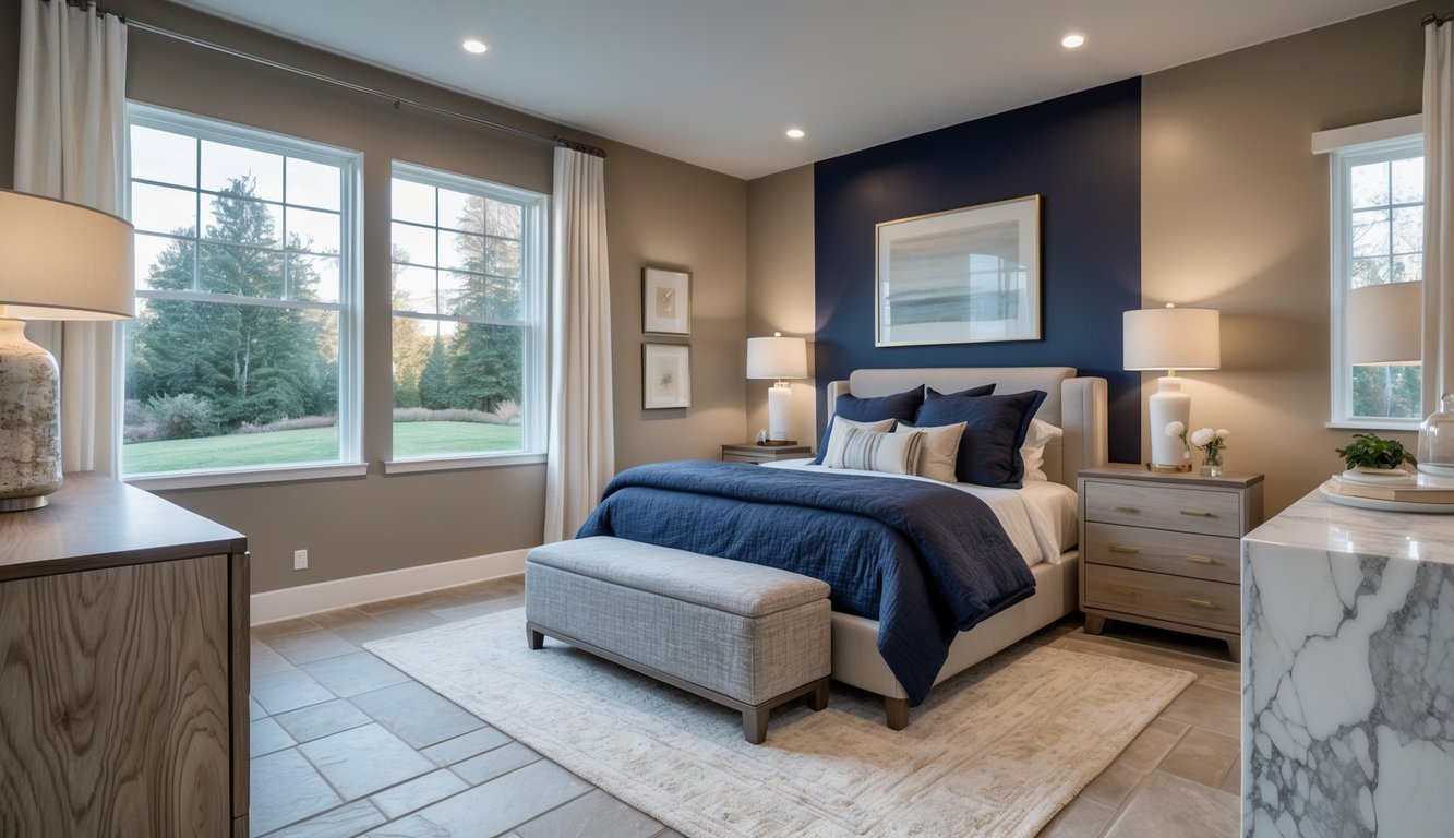 A cozy bedroom with a bold accent wall, a comfortable bed, wooden nightstands, a marble dresser, and large windows letting in natural light.