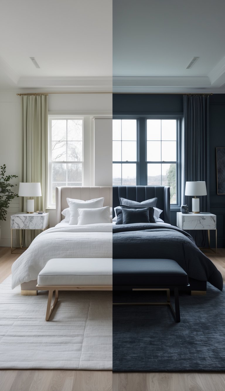 Side-by-side view of two bedrooms, one bright and light with white walls and light wood flooring, the other dark with deep-colored walls and dark wood flooring, both furnished with beds, bedside tables, and lamps.