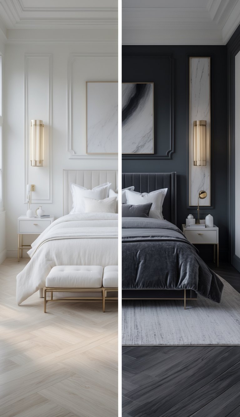 Two bedrooms side by side, one bright with white walls and light wood flooring, the other dark with deep colored walls and dark wood flooring, both furnished with beds, side tables, and lamps.