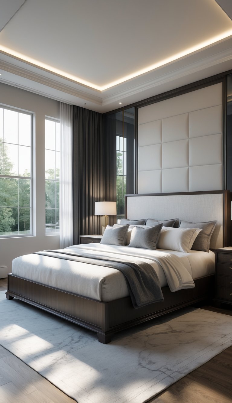 A modern bedroom featuring a large bed with light and dark bedding, natural light coming through large windows, wooden floor, marble bedside tables, and metal lamps, arranged in a clean and balanced layout.