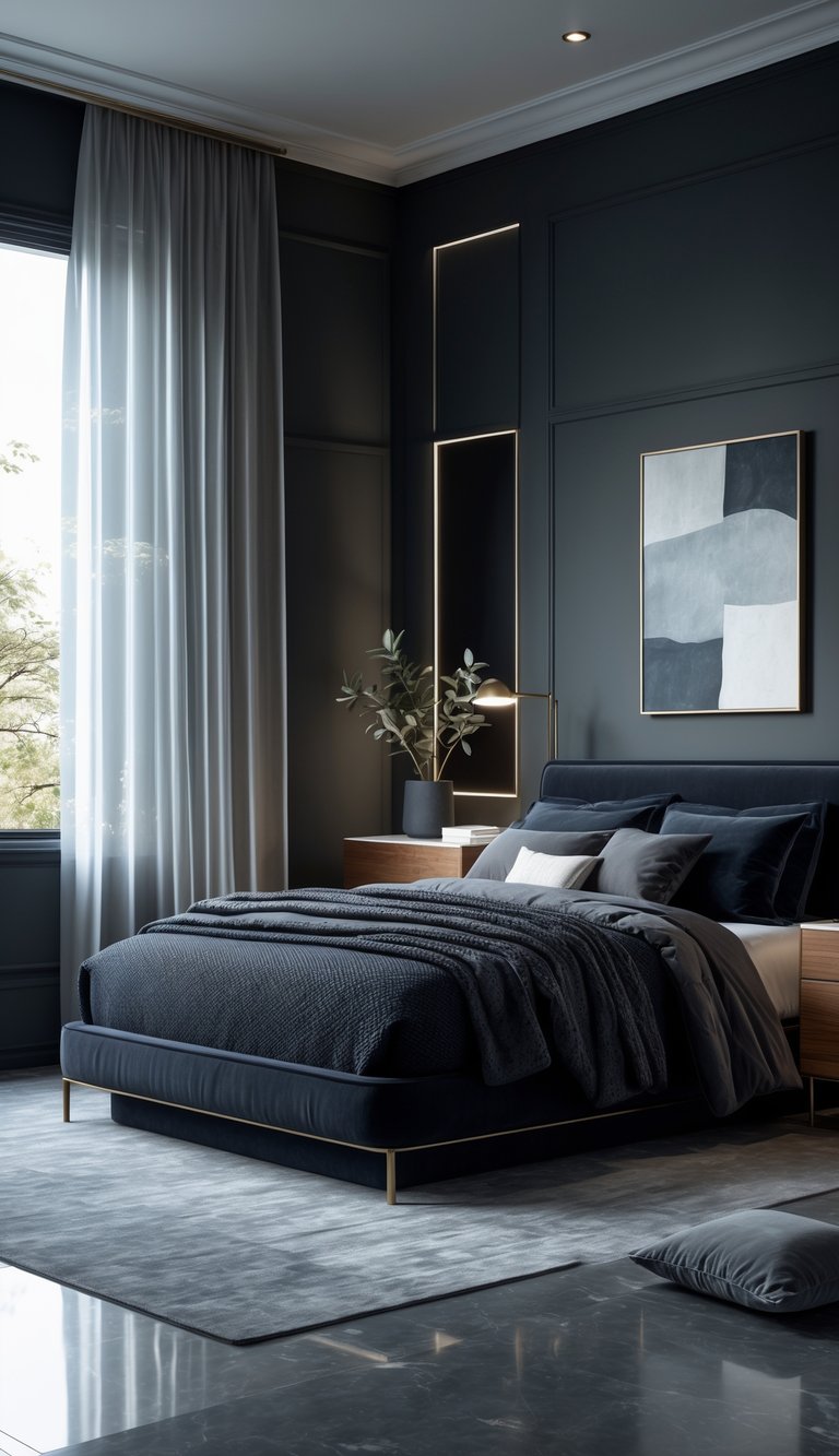 A cozy dark bedroom with a plush bed, wooden nightstands, soft natural light coming through a window, and elegant decor including plants and artwork.