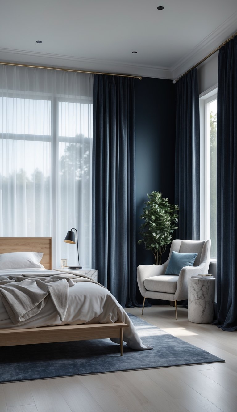 A peaceful bedroom featuring a large window with both sheer white curtains and dark blackout curtains, a king-size bed with light bedding, wooden furniture, and a comfortable armchair near the window.