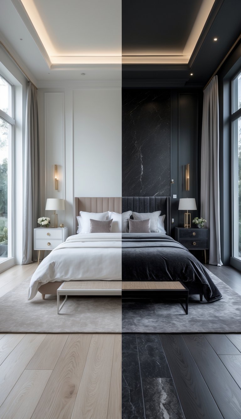 A side-by-side view of two bedrooms, one bright with light walls and natural wood floors, the other dark with deep-colored walls and rich dark wood floors, both furnished with beds, nightstands, and lamps.