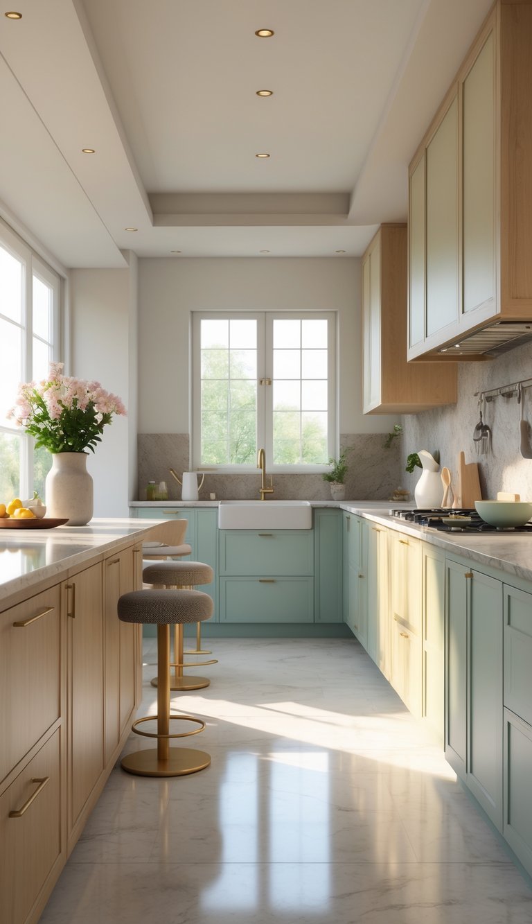 A bright and spacious modern kitchen featuring cabinets in soft pastel and natural wood tones, marble countertops, stone backsplash, and metal hardware, with natural light coming through large windows.