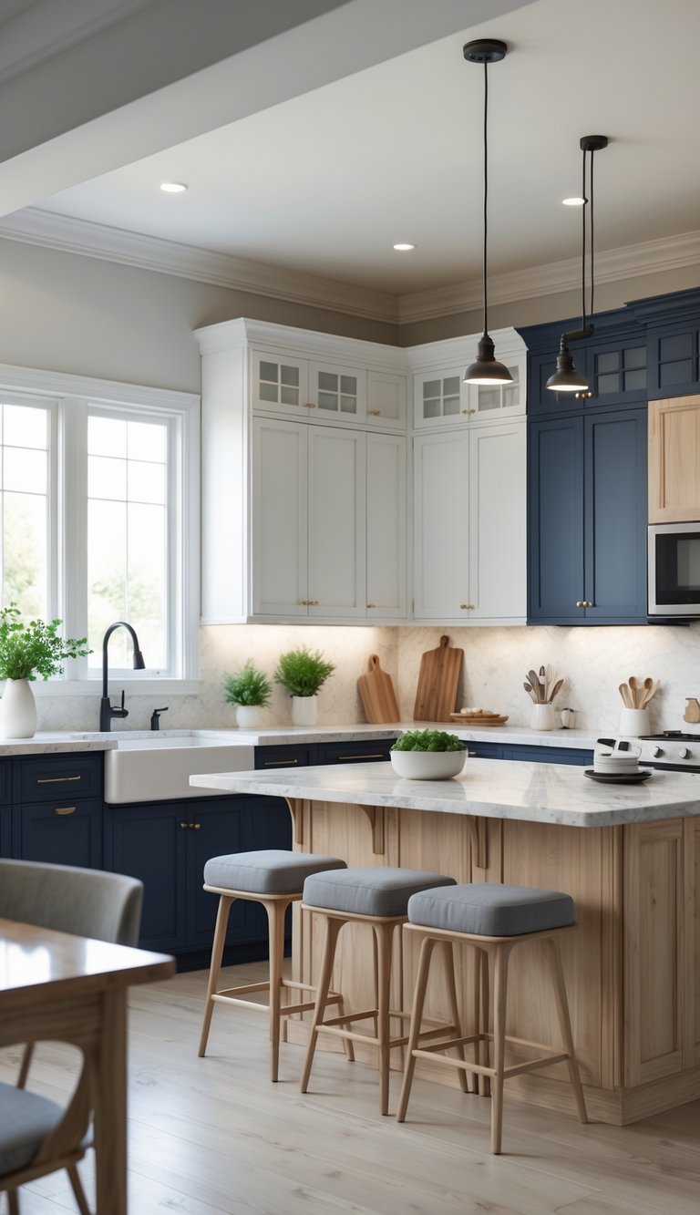 A modern kitchen interior featuring cabinets in white, navy blue, gray, and natural wood tones, with marble countertops, stone backsplash, and metal hardware, illuminated by natural light from large windows.