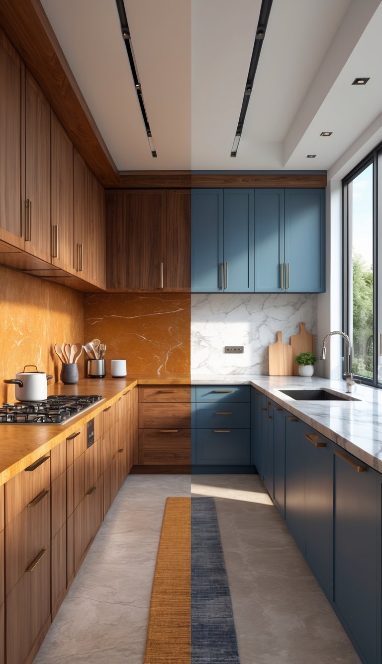 A modern kitchen interior divided to show warm wooden cabinetry and amber marble countertops on one side, and cool blue cabinets with white marble countertops on the other, featuring a central island and large windows letting in natural light.