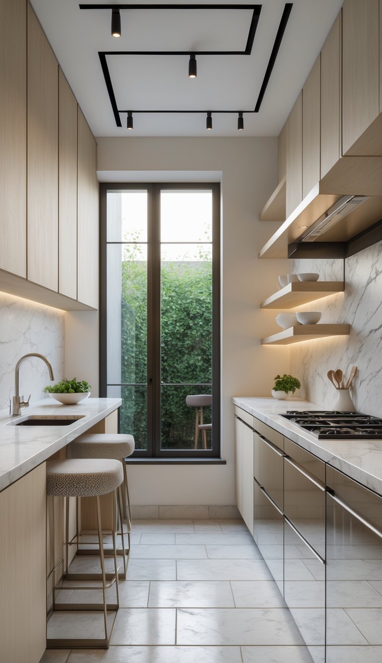 A small modern kitchen with light wood cabinets, white marble countertops, metal fixtures, and natural light coming through a large window, designed to appear spacious and uncluttered.