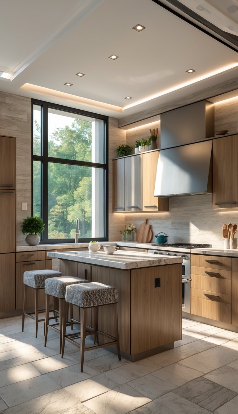 A small, efficiently organized kitchen with marble countertops, wood cabinets, fabric bar stools, stone tile flooring, and large windows letting in natural light.