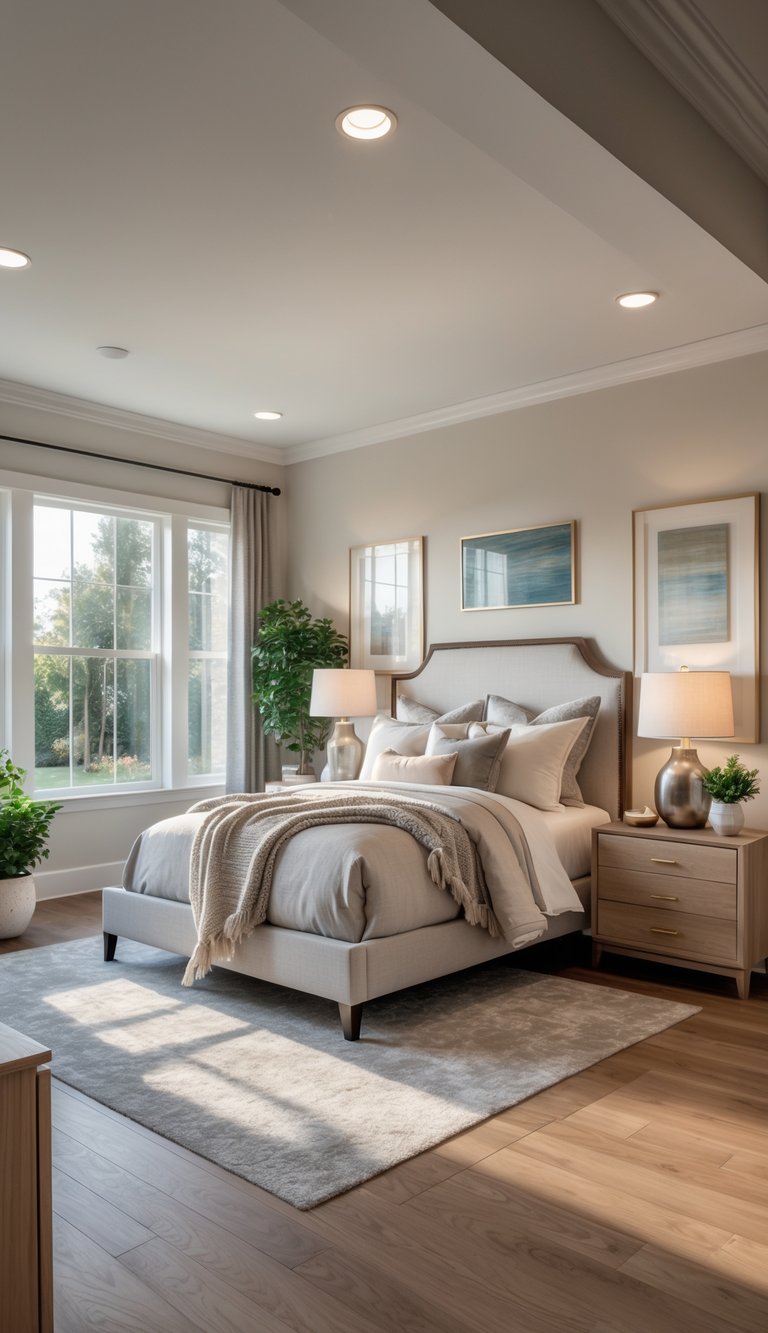 A bright and cozy guest bedroom with a neatly made bed, wooden nightstand, marble dresser, large windows letting in natural light, and decorative plants.