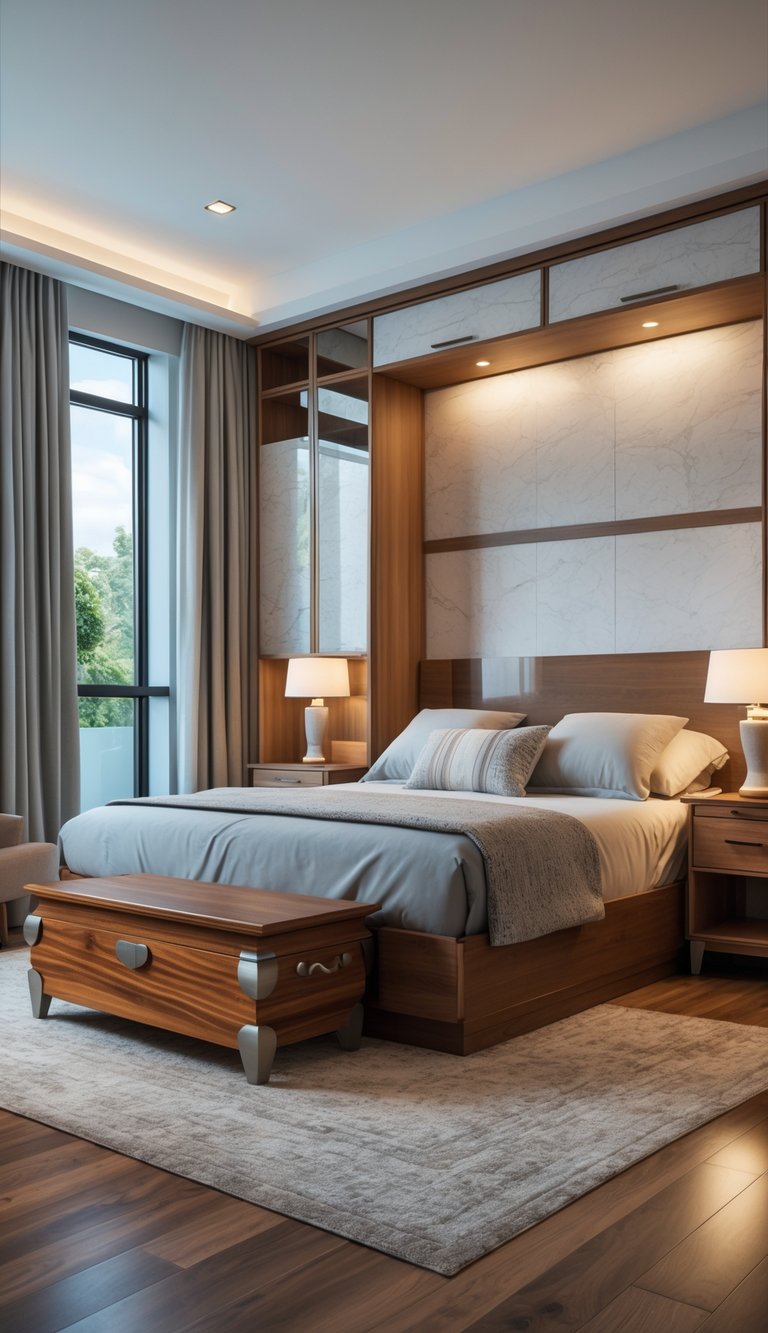 A neatly arranged guest bedroom with a queen-size bed, bedside tables, built-in wardrobe, and wooden chest, featuring natural light coming through large windows.