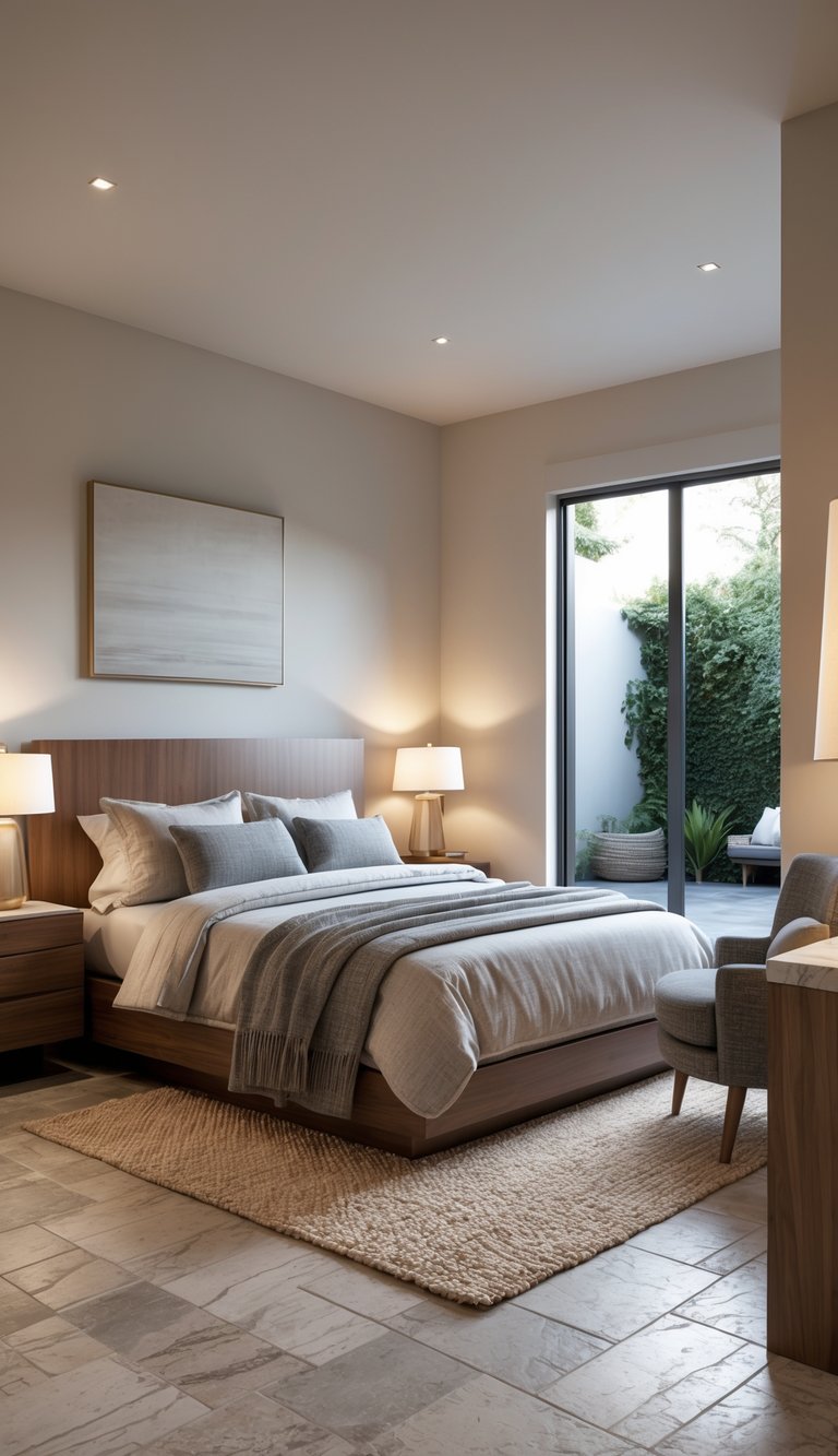 A guest bedroom with a queen-sized bed, wooden headboard, nightstand with lamp, armchair by a window, stone floor, and a woven rug, illuminated by natural light.