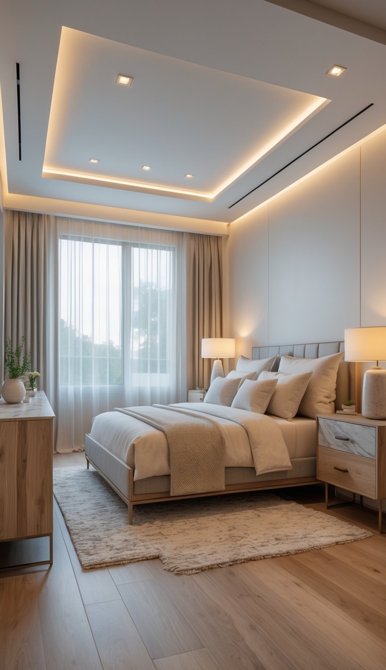 A well-lit guest bedroom with a queen-sized bed, wooden nightstand with lamp, large window with sheer curtains, hardwood floor with area rug, and a marble-topped dresser.
