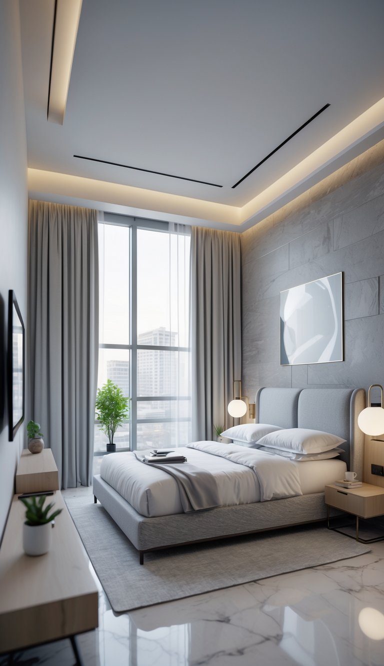A modern guest bedroom with a comfortable bed, bedside table, large windows, and subtle technology features, illuminated by natural daylight.