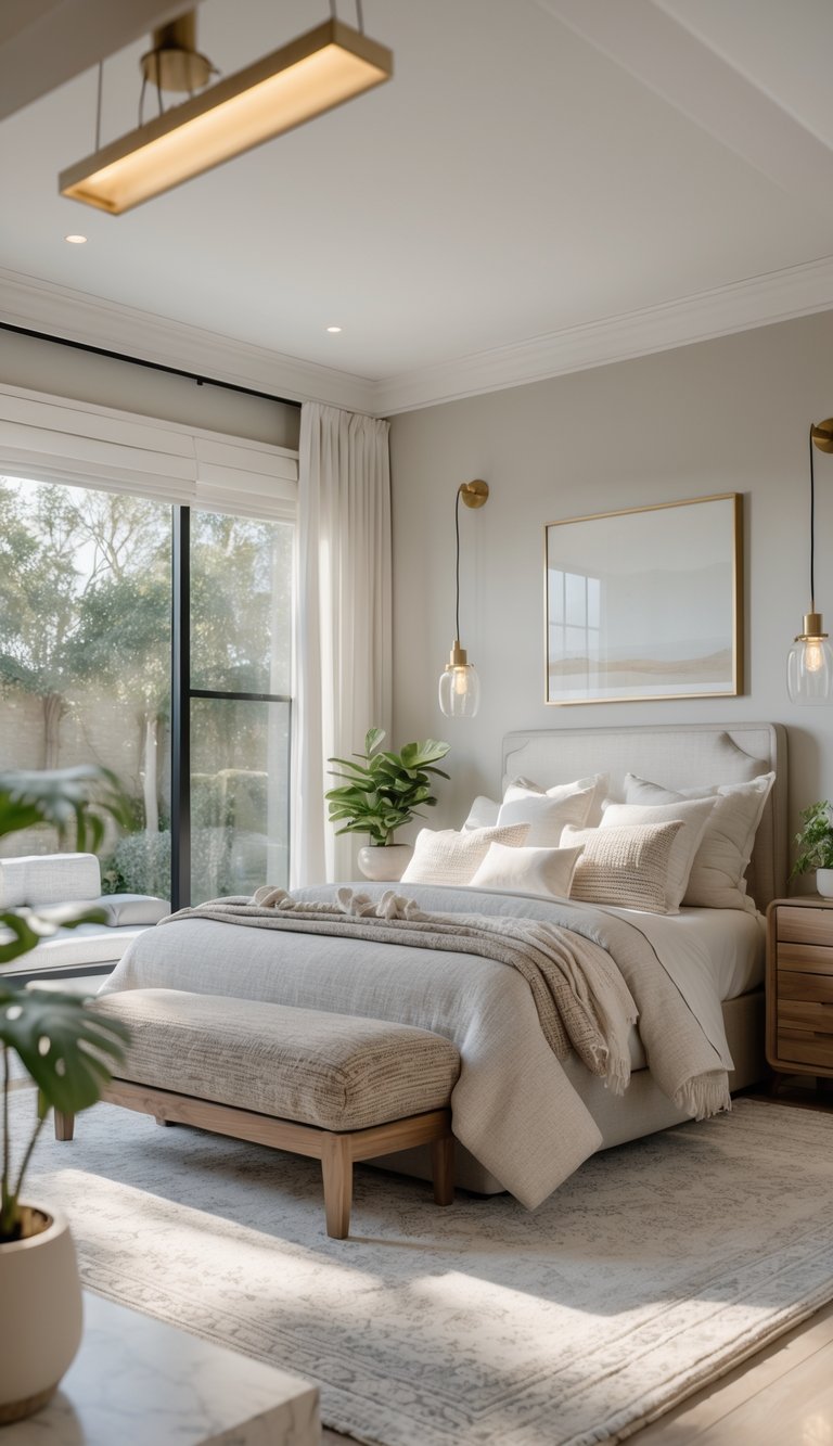 A well-lit guest bedroom featuring a queen-sized bed with layered bedding, a wooden nightstand, a marble dresser, brushed metal light fixtures, a window letting in natural light, and tasteful decor creating a cozy and welcoming atmosphere.